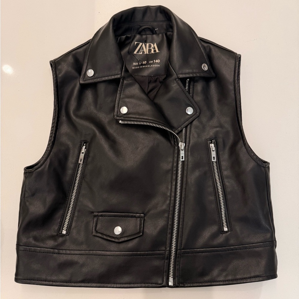 Zara Kids Faux Leather Moto Biker Vest‎ Black Zip Motorcycle Jacket SZ 9-10 NWOT